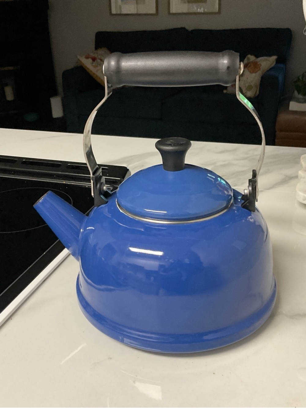 Le Creuset Cobalt Blue Enamel Whistling Teakettle with Black Handle